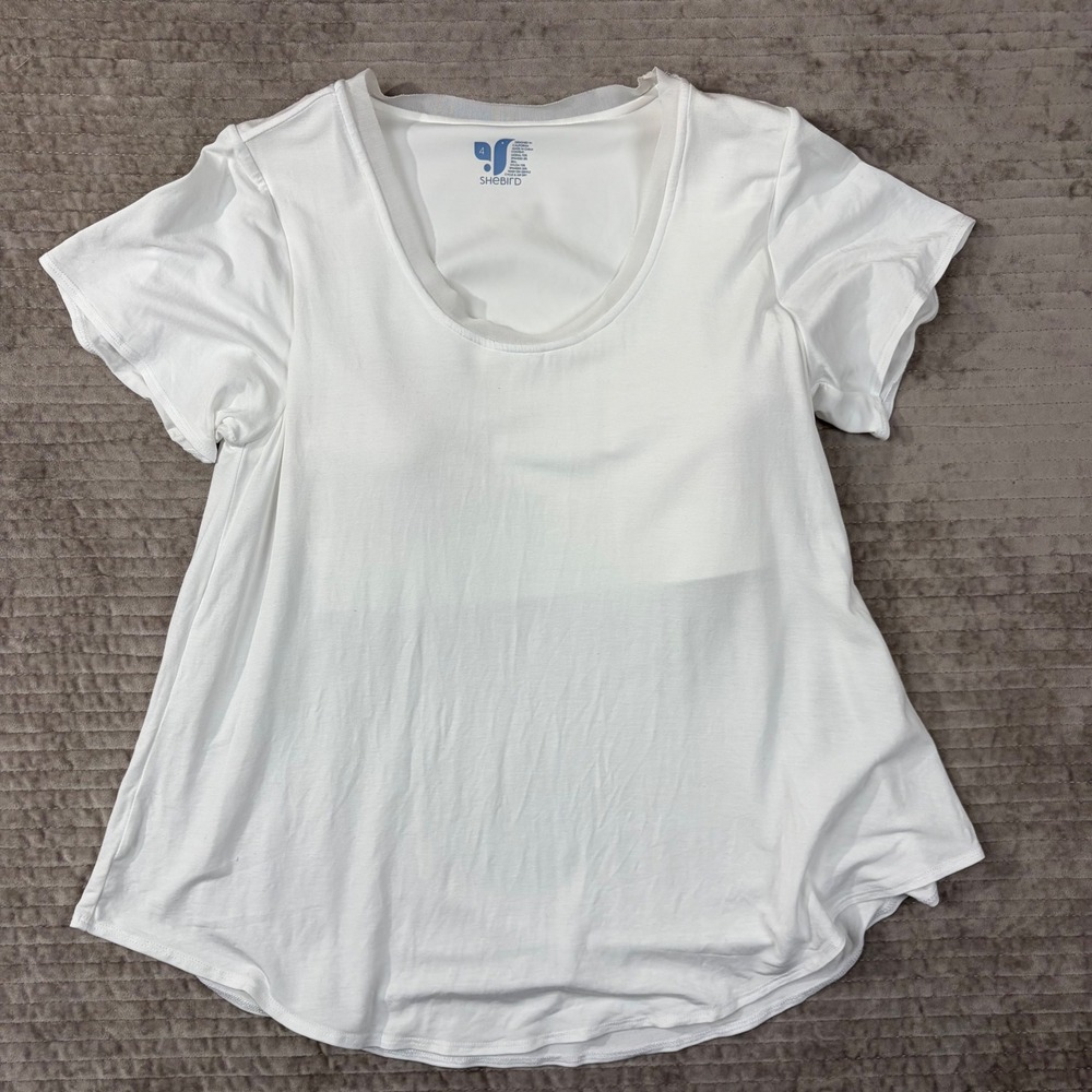 Shebird White Scoop Neck Short Sleeve Top Built-In Bra Size 4 Modal Blend